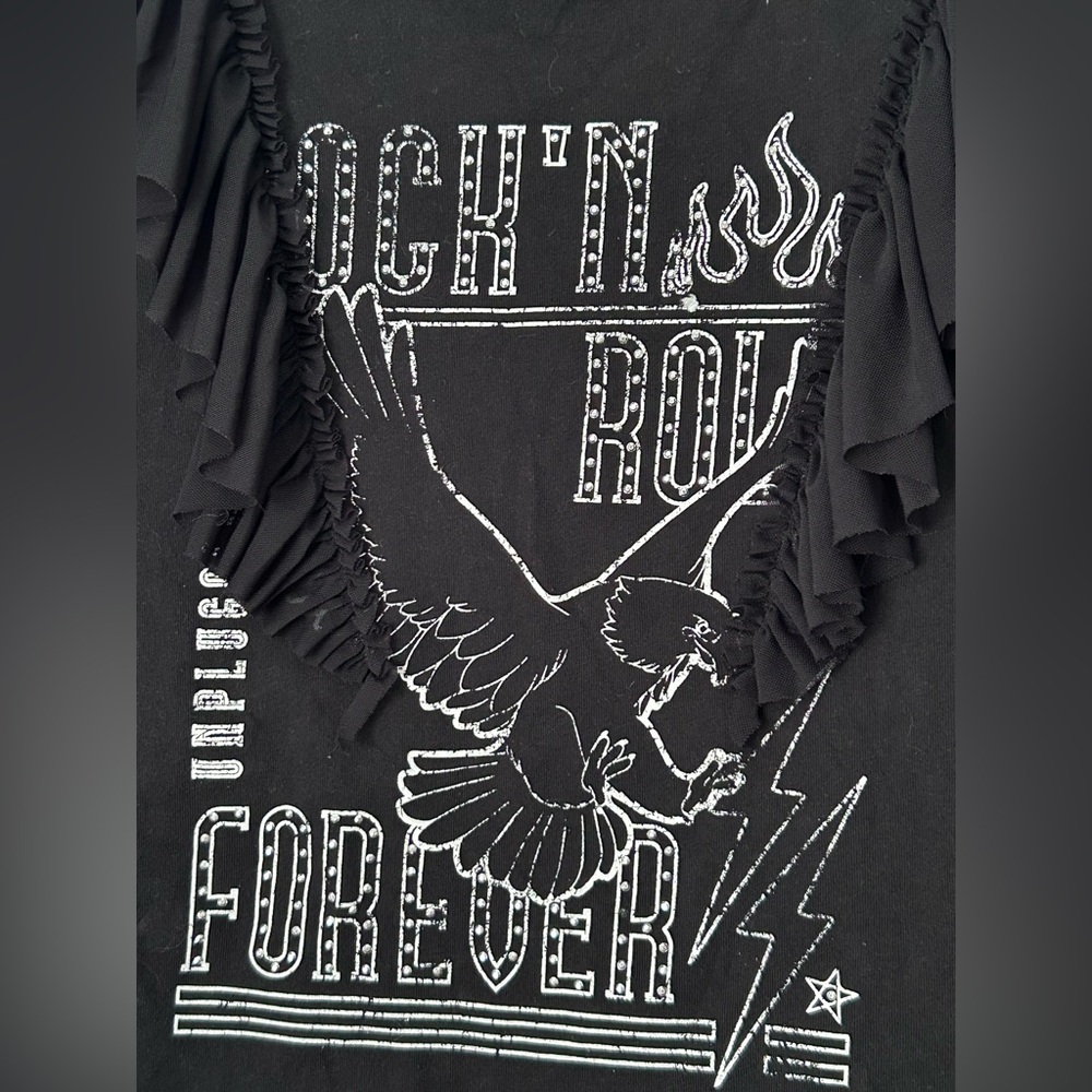 women's Black Graphic Tee with Ruffle Detail - Picture 3 of 7